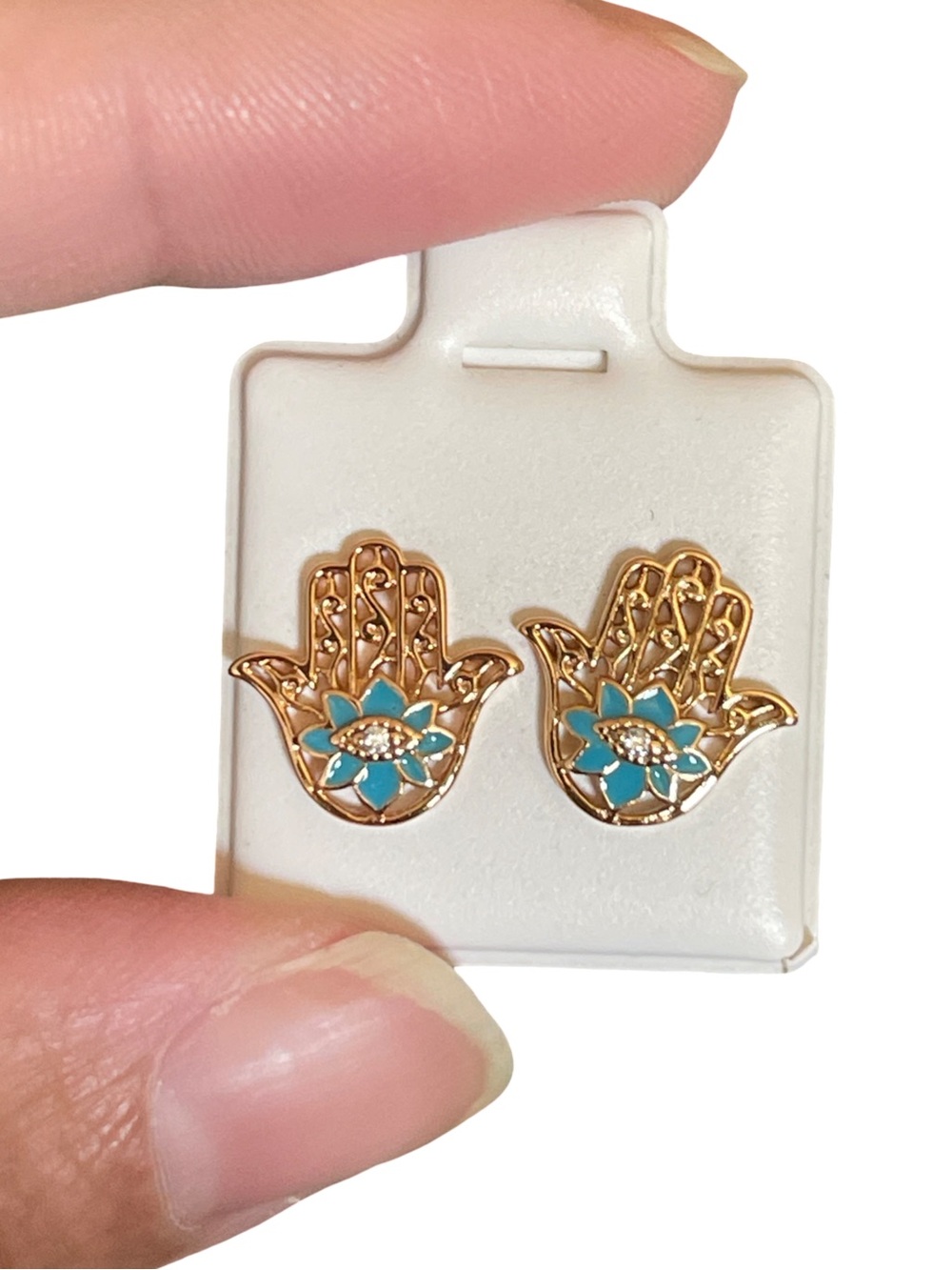 Gold Hamsa Hand Stud Earrings with Turquoise Flower